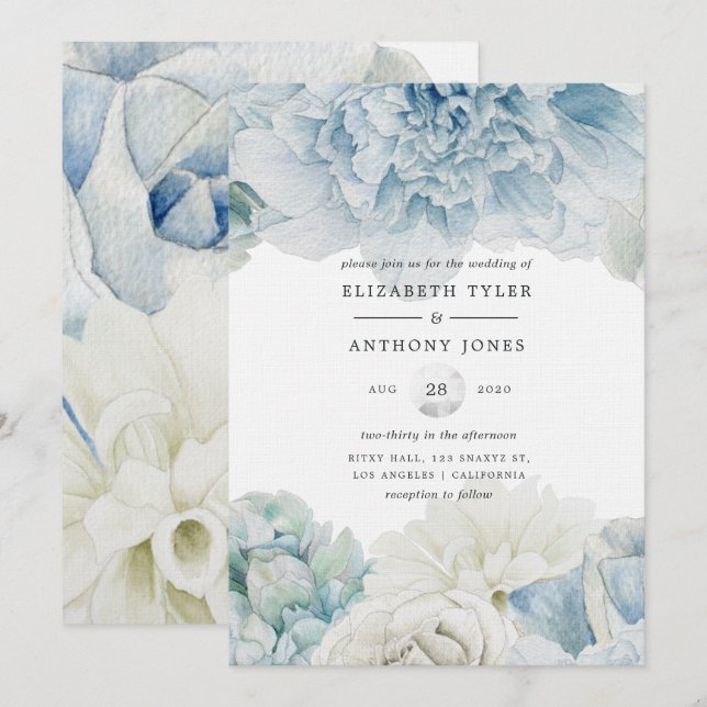 Faire-part de mariage aux pivoines bleues (Devant / Derrière)