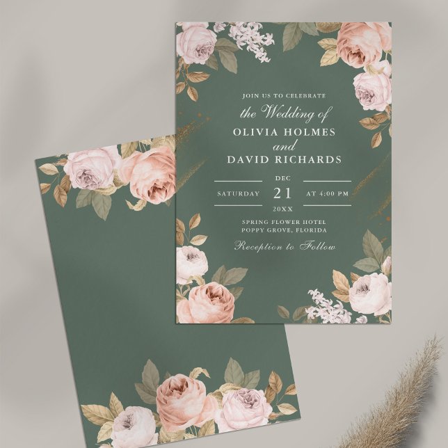 Faire-part de mariage aux pivoines vert sauge boho (Boho Sage Green Peonies Wedding Invitation on table)