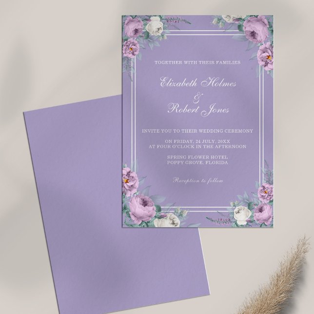 Faire-part de mariage aux pivoines violettes lavan (Lavender Purple Peonies Wedding Invitation on white table.)