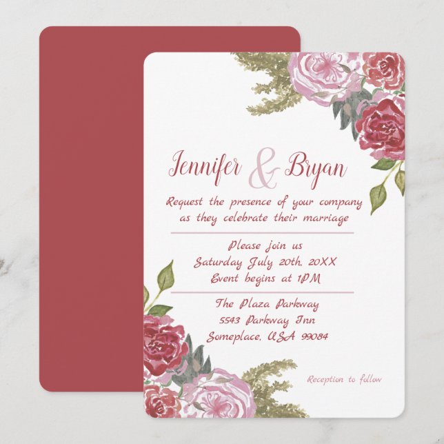 Faire-part de mariage aux roses aquarelles (Devant / Derrière)