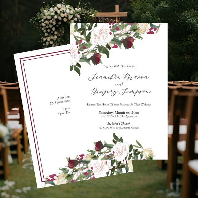 Faire-part de mariage aux Roses Blanches Aquarelle (Watercolor White Roses With Cranberry Floral Wedding Invitation)