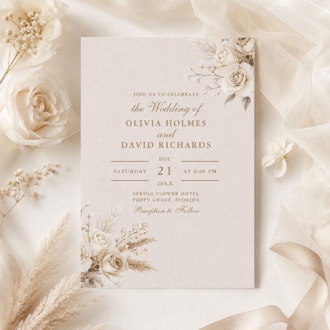Faire-part de mariage aux roses blanches beige rus (Rustic Beige White Roses Wedding Invitation with beige wedding decor and flowers)