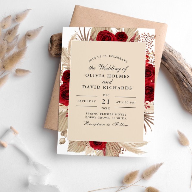 Faire-part de mariage aux roses de Bourgogne et à  (Burgundy Roses and Pampas Grass Wedding Invitation on a white table sorrounded with dry palm leaves.)