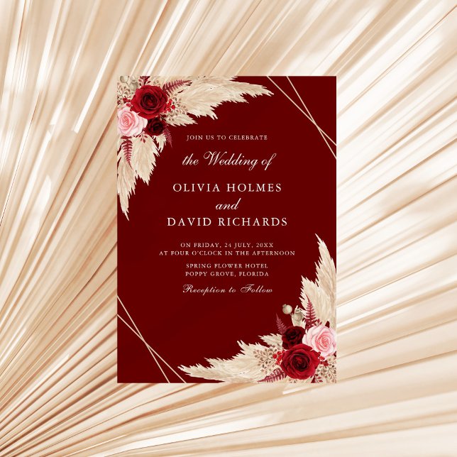 Faire-part de mariage aux roses de Bourgogne et à  (Burgundy Roses and Pampas Grass Wedding Invitation on a sunny neutral dry palm leaf)