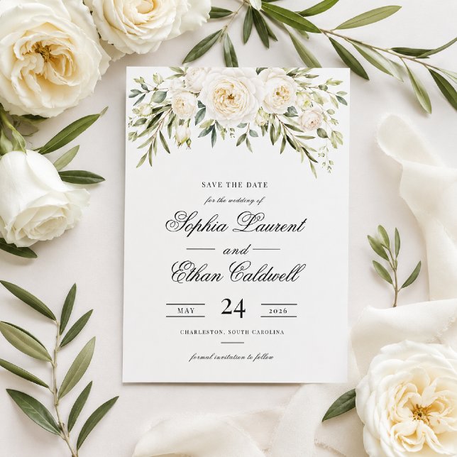 Faire-part de mariage aux Roses du Jardin Blanc (Save your date with timeless white roses and elegant minimalist style.)