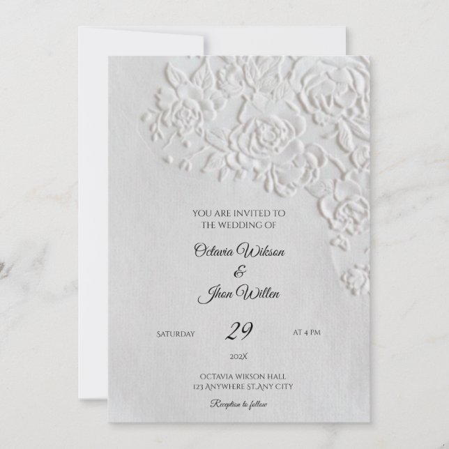 Faire-part de mariage aux roses embossées sur tran (Devant)