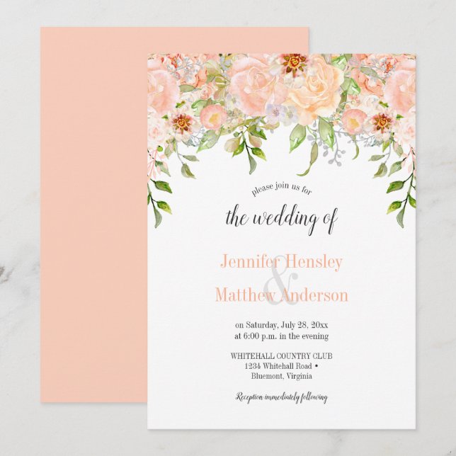 Faire-part de mariage aux roses pêche à l'aquarell (Devant / Derrière)