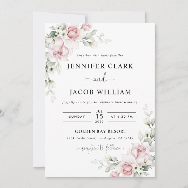 Faire-part de mariage aux roses roses blush (Devant)