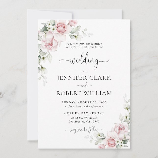Faire-part de mariage aux roses roses blush (Devant)