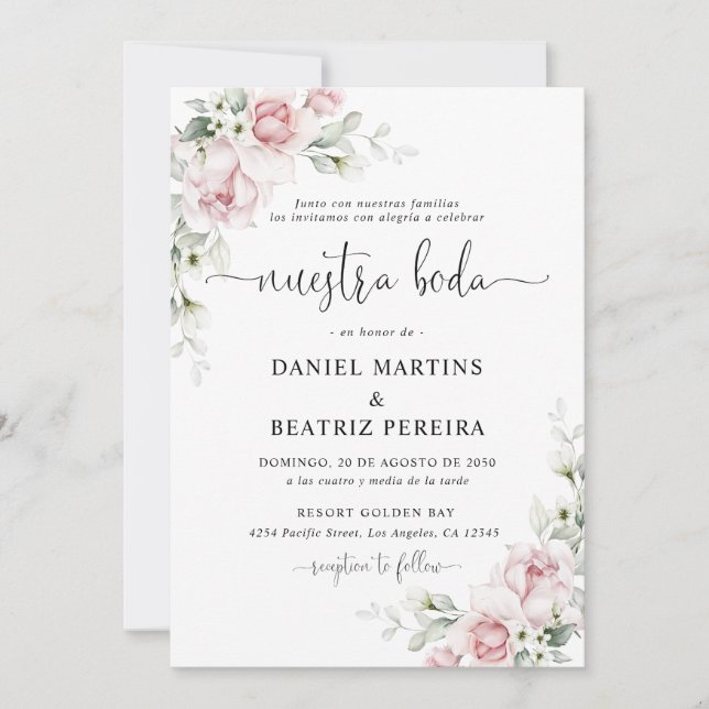 Faire-Part de Mariage aux Roses Roses Blush (Devant)