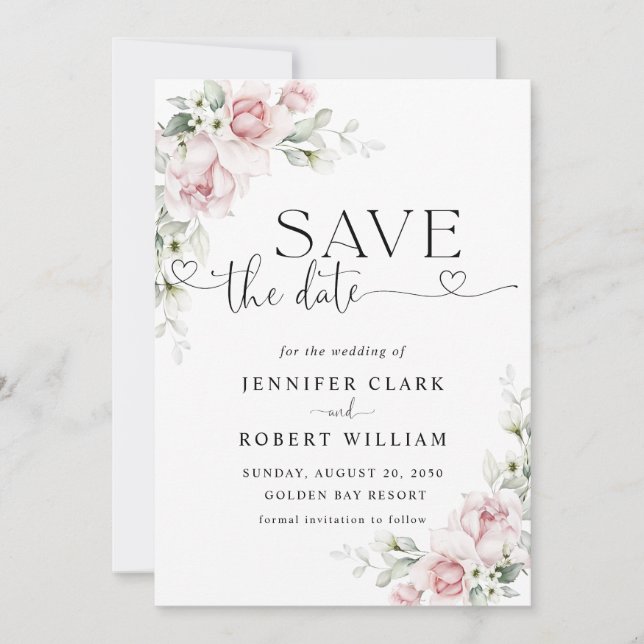 Faire-part de mariage aux roses roses Save The Dat (Devant)