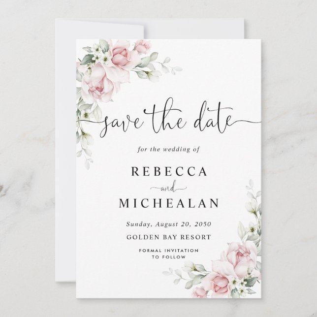 Faire-part de mariage aux roses roses Save The Dat (Devant)