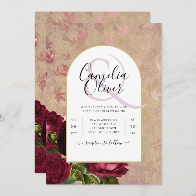 Faire-part de mariage aux roses rouges botaniques  (Devant / Derrière)