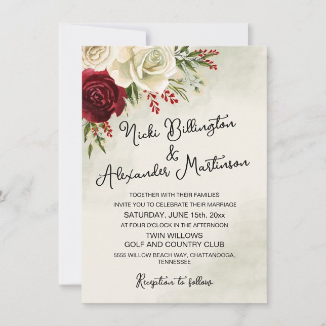 Faire-part de mariage aux roses rouges et blanches (Devant)