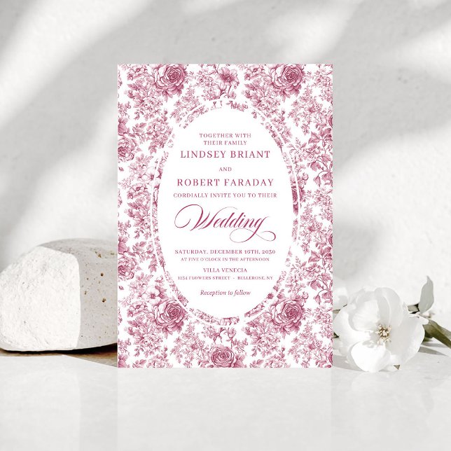 Faire-part de mariage aux roses sur toile de Jouy  (Pink and White Toile Roses Wedding Invitation)