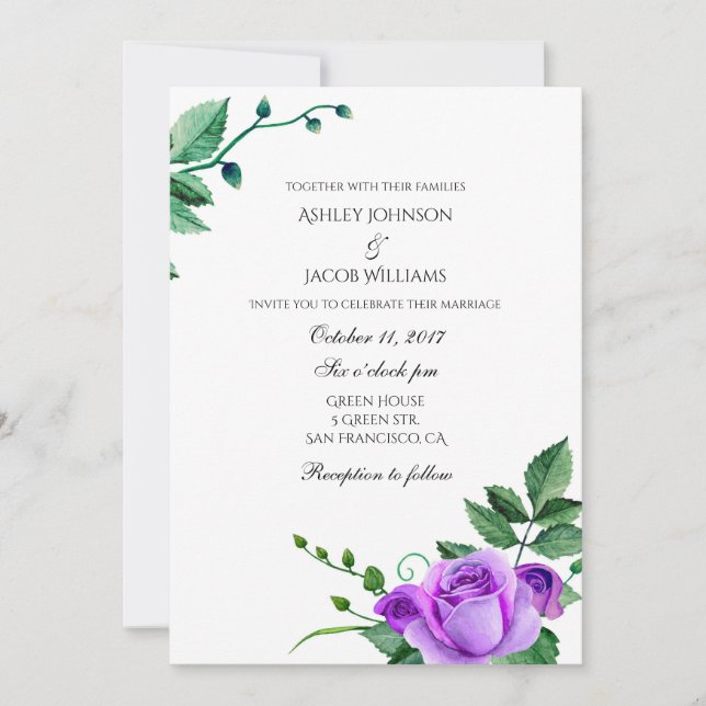 Faire-part de mariage aux roses violettes. Invitat (Devant)