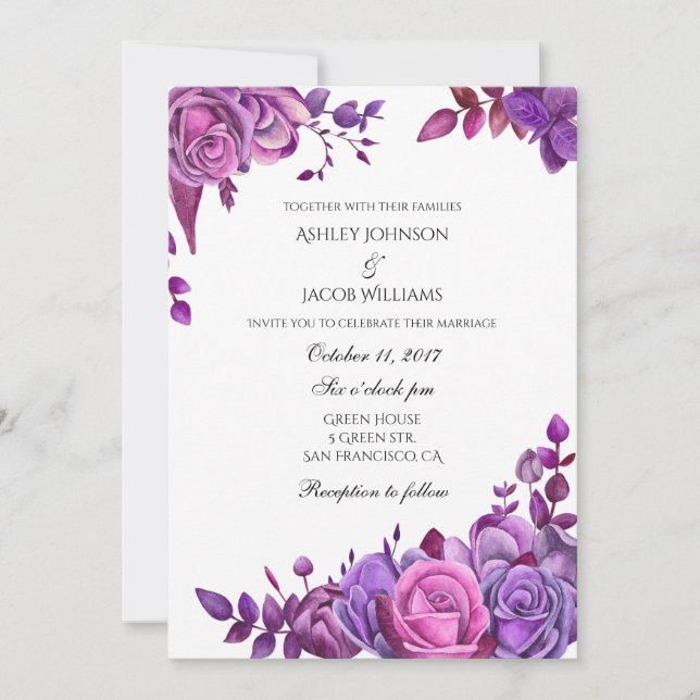 Faire-part de mariage aux roses violettes Invitati (Devant)