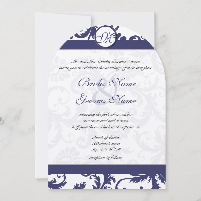 Faire-part de mariage aux tourbillons de damas nav (Devant)