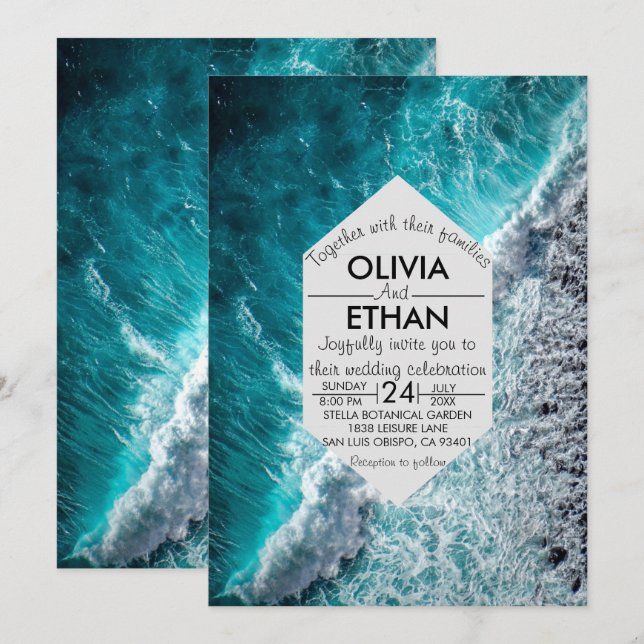 Faire-part de mariage aux vagues bleues océaniques (Devant / Derrière)