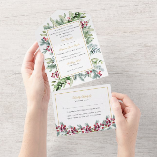 Faire-part de mariage Ava Winter Berries avec RSVP (Déchirure)