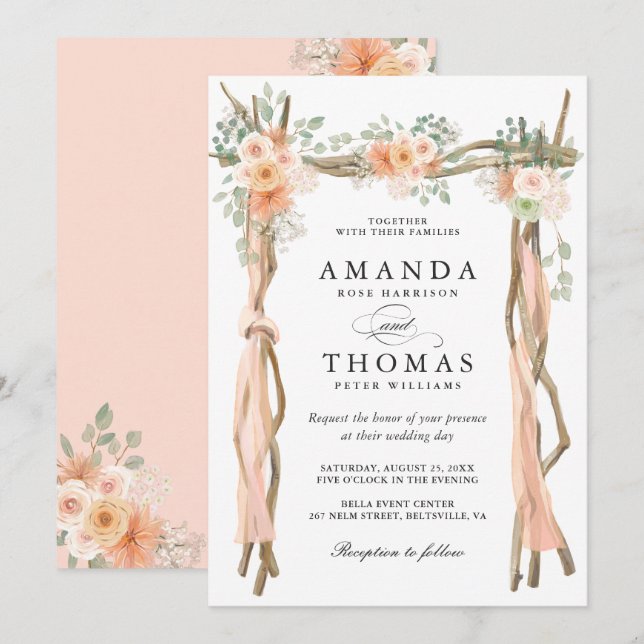 Faire-part de mariage avec arche florale rose (Devant / Derrière)
