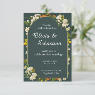 Faire-part de mariage avec arche florale vert fonc