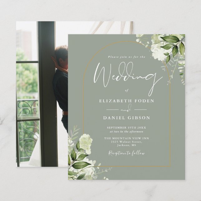 Faire-part de mariage avec arche florale verte sau (Devant / Derrière)