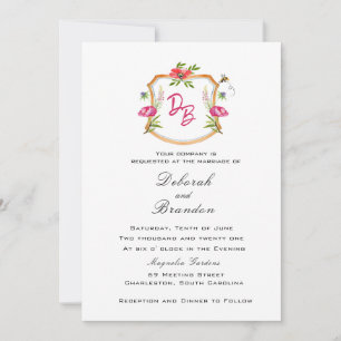 Faire-part de mariage avec blason monogrammé et fl