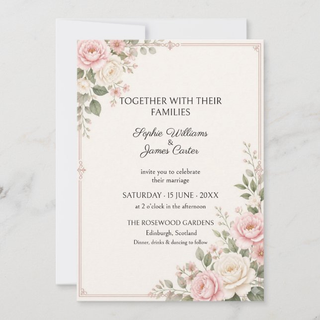 Faire-part de mariage avec bordure de verdure rose (Devant)