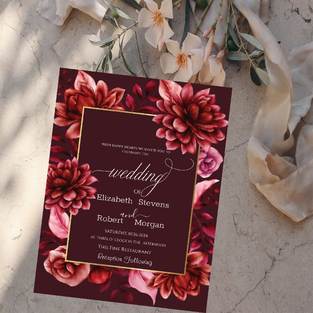 Faire-part de mariage avec cadre de fleurs rouges  (Créateur téléchargé)