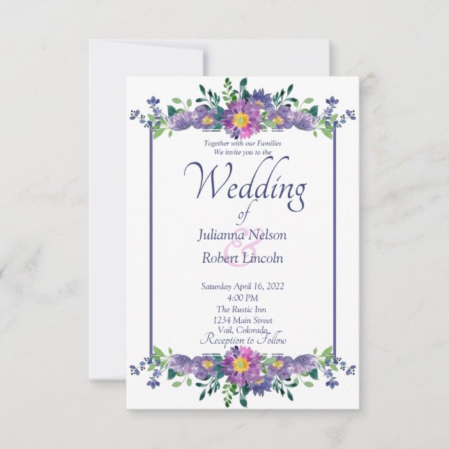Faire-part de mariage avec cadre floral violet (Devant)
