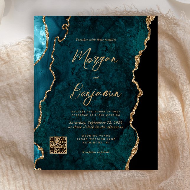 Faire-part de mariage avec code QR Agate Bleu sarc (Créateur téléchargé)