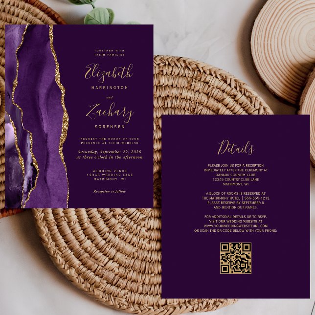 Faire-part de mariage avec code QR Agate Gold Viol (Créateur téléchargé)