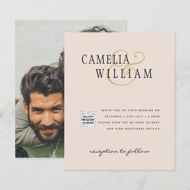 Faire-part de mariage avec code QR Champagne Blush (Devant / Derrière)