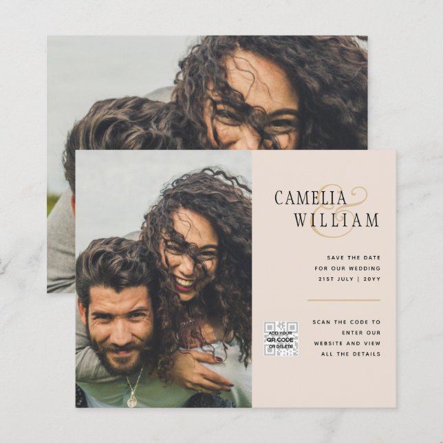 Faire-part de mariage avec code QR Champagne Blush (Devant / Derrière)