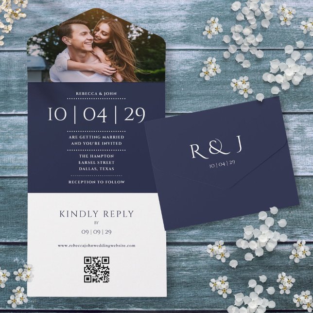 Faire-part de mariage avec code QR de monogramme b (Navy Blue Monogram QR Code Photo Wedding Date All In One Invitation)