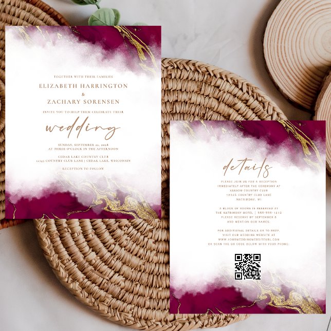 Faire-part de mariage avec code QR en marbre borde (Créateur téléchargé)