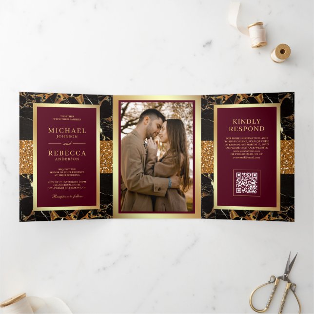 Faire-part de mariage avec code QR en marbre rouge (Intérieur)