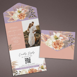 Faire-part de mariage avec code QR et motif floral