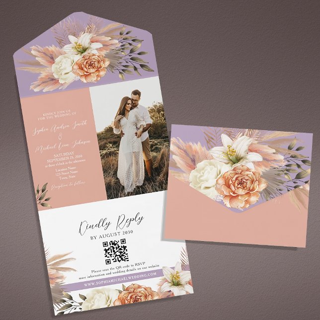 Faire-part de mariage avec code QR et motif floral (Créateur téléchargé)