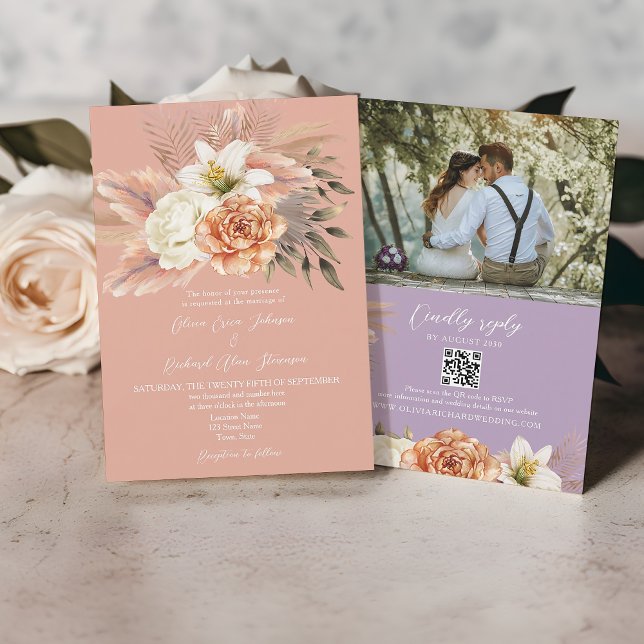 Faire-part de mariage avec code QR floral pêche et (Créateur téléchargé)