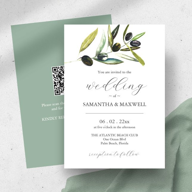 Faire-part de mariage avec code QR Olive botanique (Wedding invitations watercolor olive branch and QR code art by Victoria Grigaliunas Do Tell A Belle)