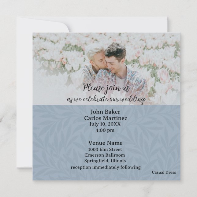 Faire-part de mariage avec code QR photo bleu déco (Devant)