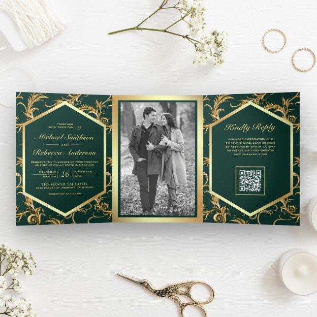 Faire-part de mariage avec code QR photo en or ver (Créateur téléchargé)