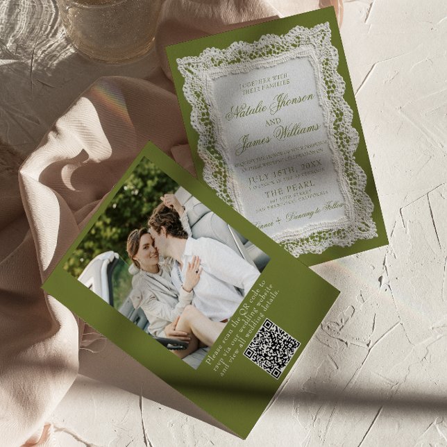 Faire-part de mariage avec code QR photo vert oliv (Créateur téléchargé)