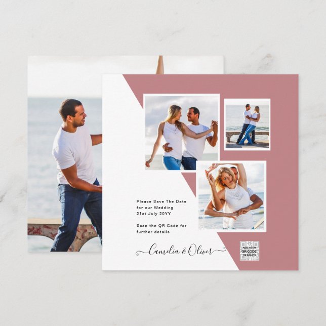 Faire-part de mariage avec code QR Rose Poussiéreu (Devant / Derrière)