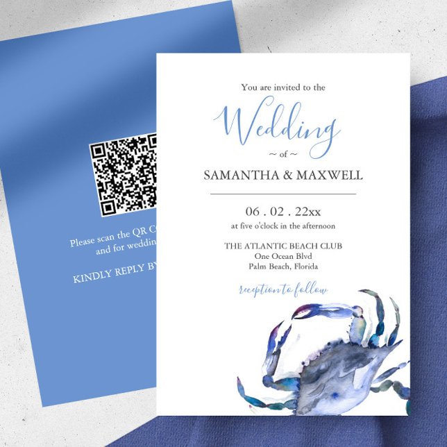 Faire-part de mariage avec Crabe d'aquarelle de co (Beach Wedding invitations with QR code features a watercolor blue crab by Victoria Grigaliunas )