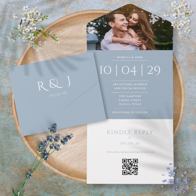 Faire-part de mariage avec date de photo code QR e (Dusty Blue Monogram QR Code Photo Wedding Date All In One Invitation)
