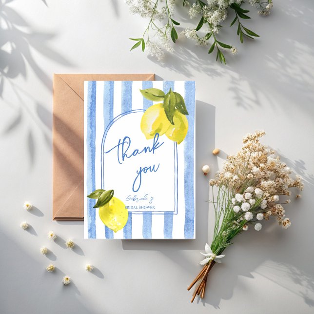 Faire-part de mariage avec des citrons à rayures b (Handrawn blue stripes lemons la dolce vita Italian bridal shower thank you cards)