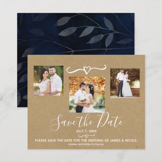 Faire part de mariage avec feuilles bleues rustiqu (Devant / Derrière)